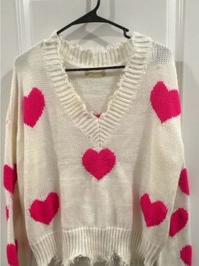 Altar'd State Cream V-Neck Sweater with Hot Pink Heart Motif